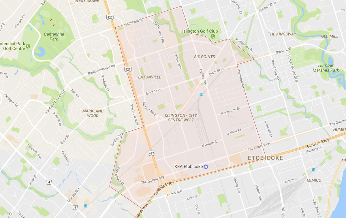 Χάρτης της Islington-City Centre West γειτονιά Τορόντο