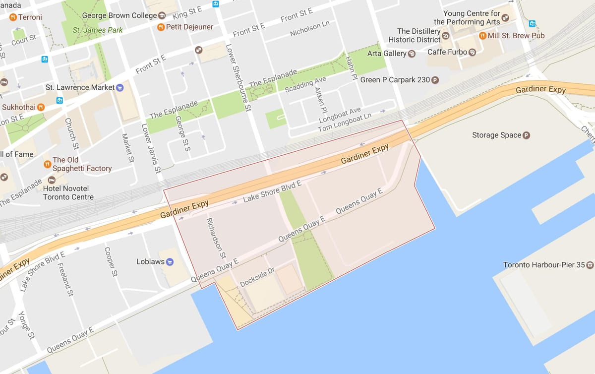 Χάρτης του Ανατολικού Bayfront γειτονιά Τορόντο