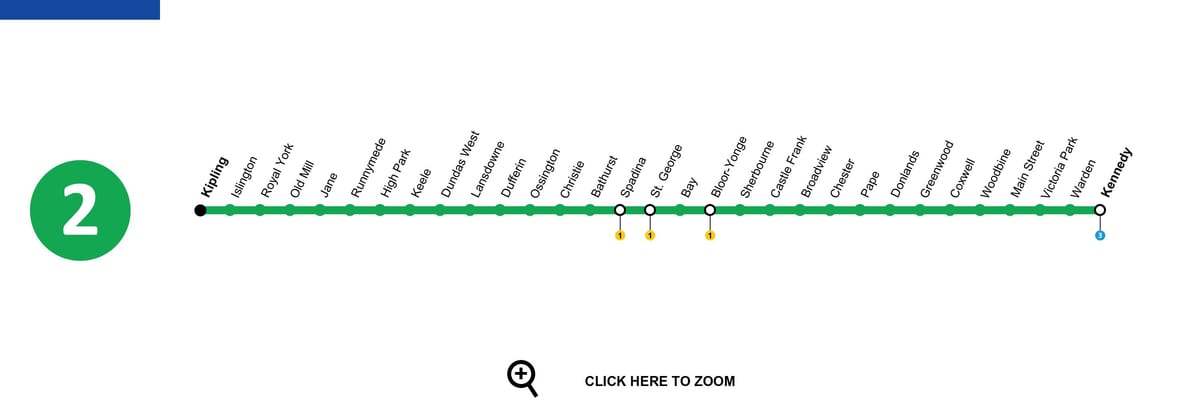 Χάρτης του Τορόντο μετρό γραμμή 2 Bloor-Danforth