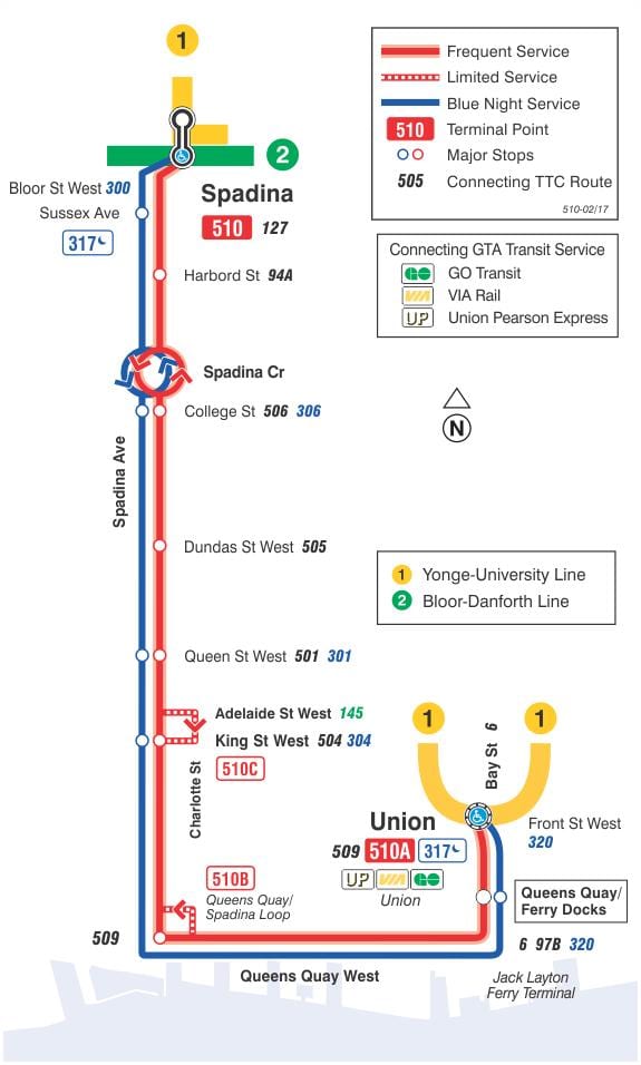Χάρτης του τραμ γραμμή 510 Spadina