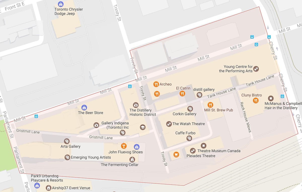 Εμφάνιση χάρτη Distillery District γειτονιά Τορόντο