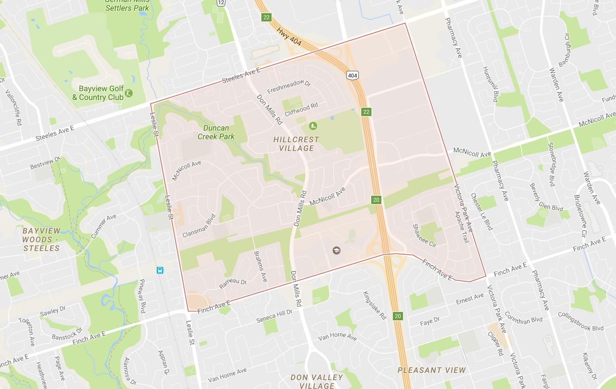 Χάρτης της Hillcrest Χωριό γειτονιά Τορόντο