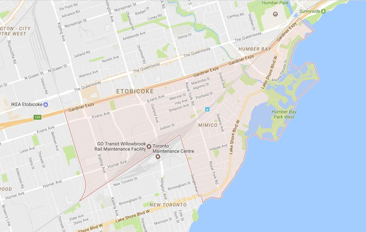 Χάρτης της Mimico γειτονιά Τορόντο
