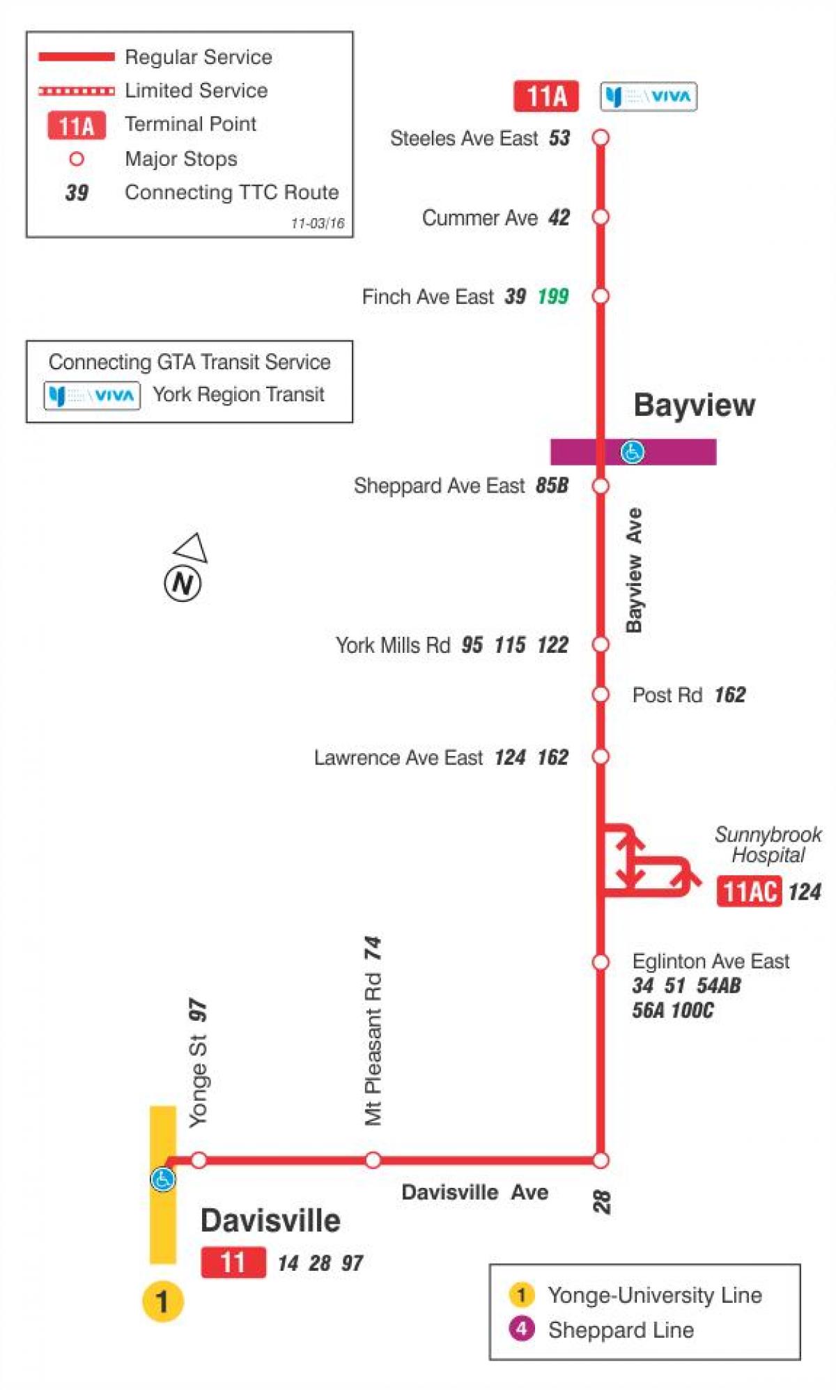 Χάρτης της TTC 11 Bayview δρομολόγιο Τορόντο