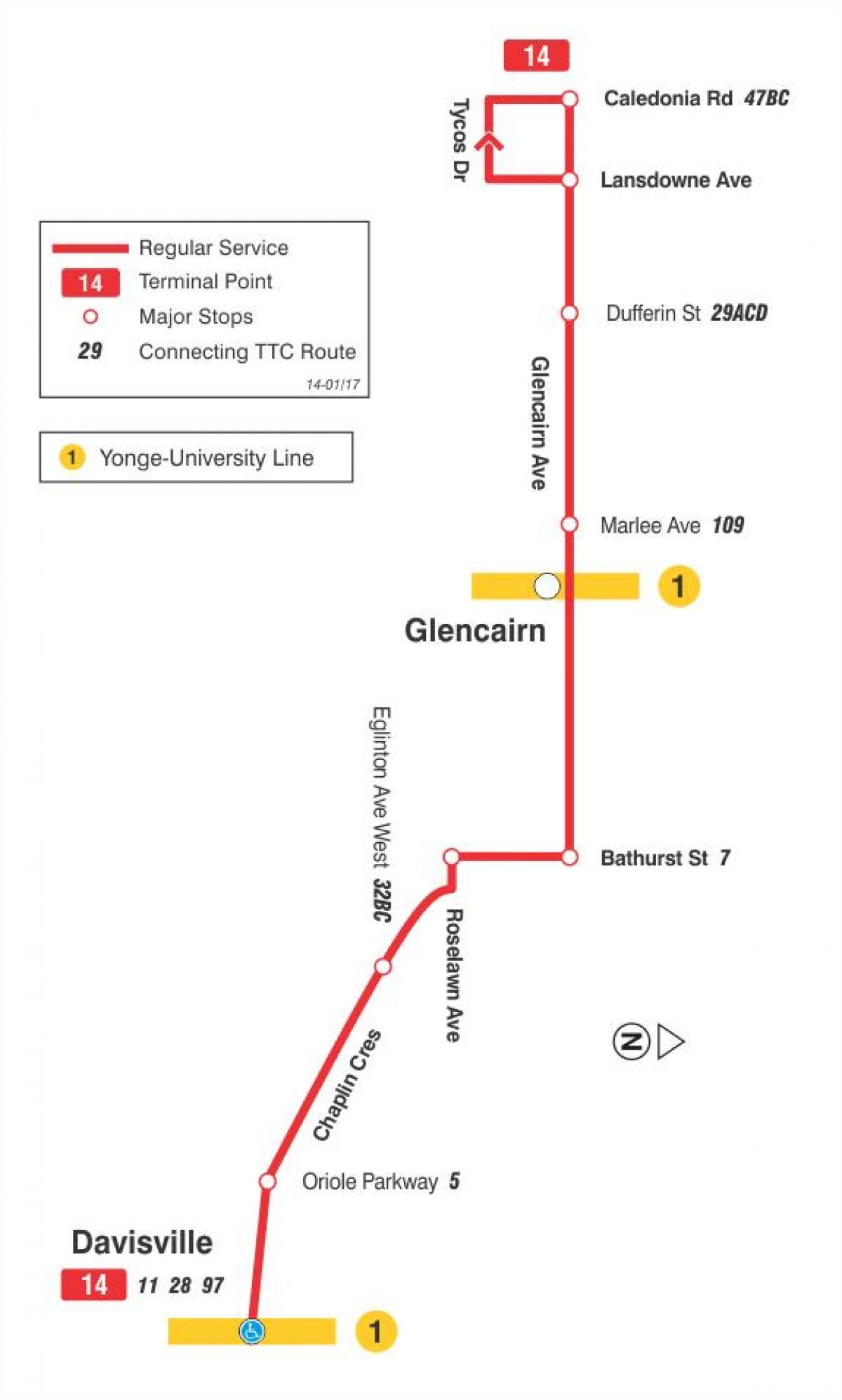 Χάρτης της TTC 14 Glencairn δρομολόγιο Τορόντο