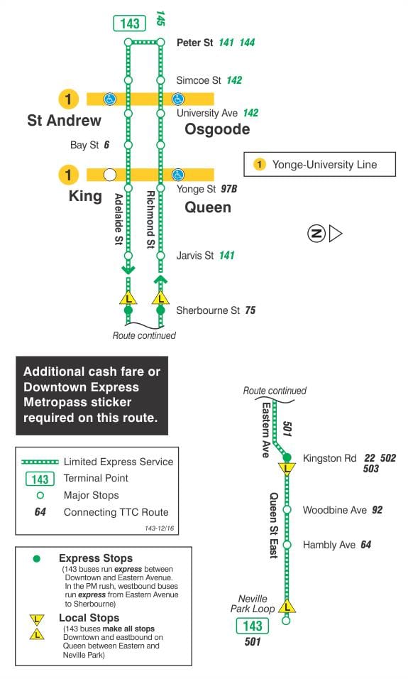 Χάρτης της TTC 143 Downtown / Παραλία Express δρομολόγιο Τορόντο