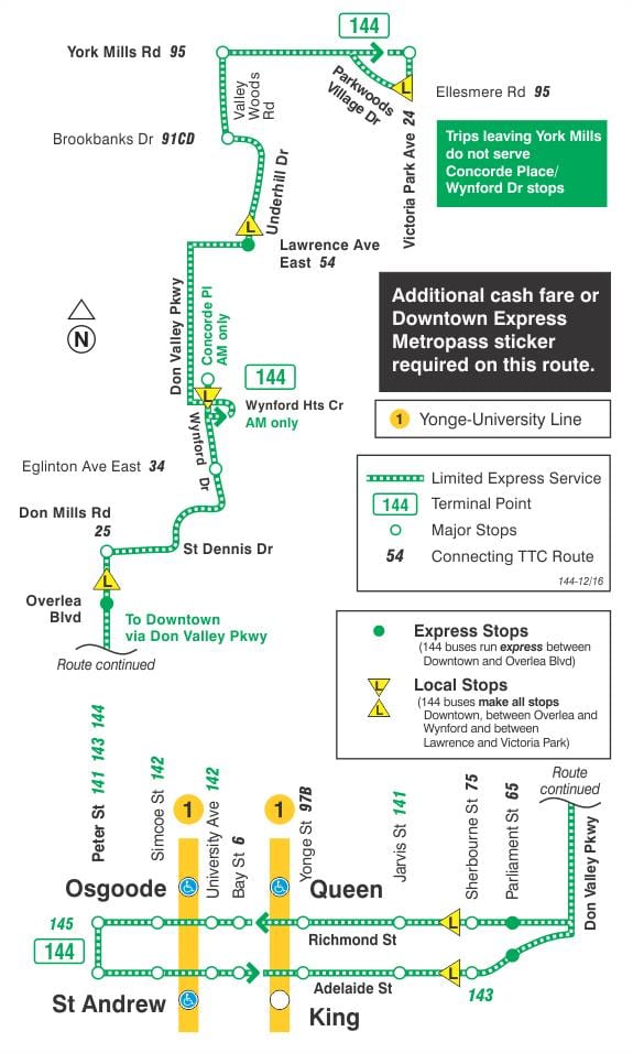 Χάρτης της TTC 144 Downtown / Don Valley Express δρομολόγιο Τορόντο