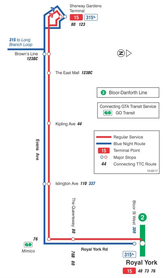 Χάρτης της TTC 15 Έβανς λεωφορείο διαδρομή Τορόντο