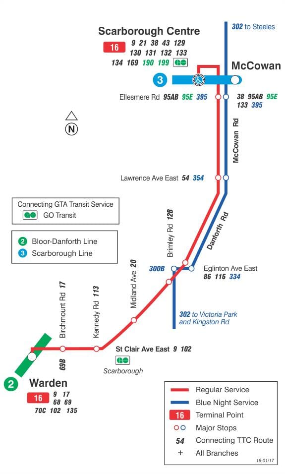 Χάρτης της TTC 16 McCowan δρομολόγιο Τορόντο