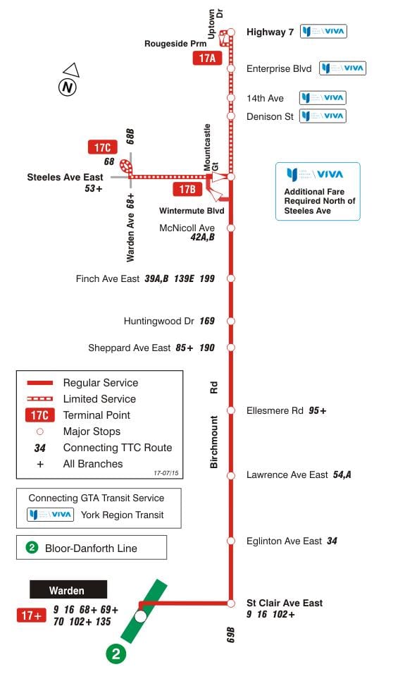 Χάρτης της TTC 17 Birchmount δρομολόγιο Τορόντο
