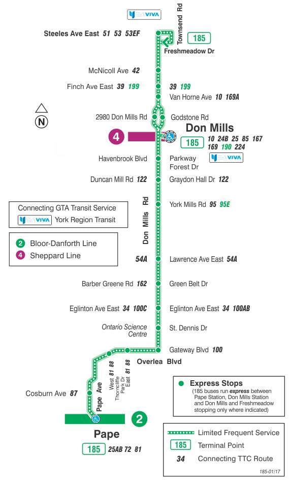 Χάρτης της TTC 185 Don Mills Πυραύλων δρομολόγιο Τορόντο