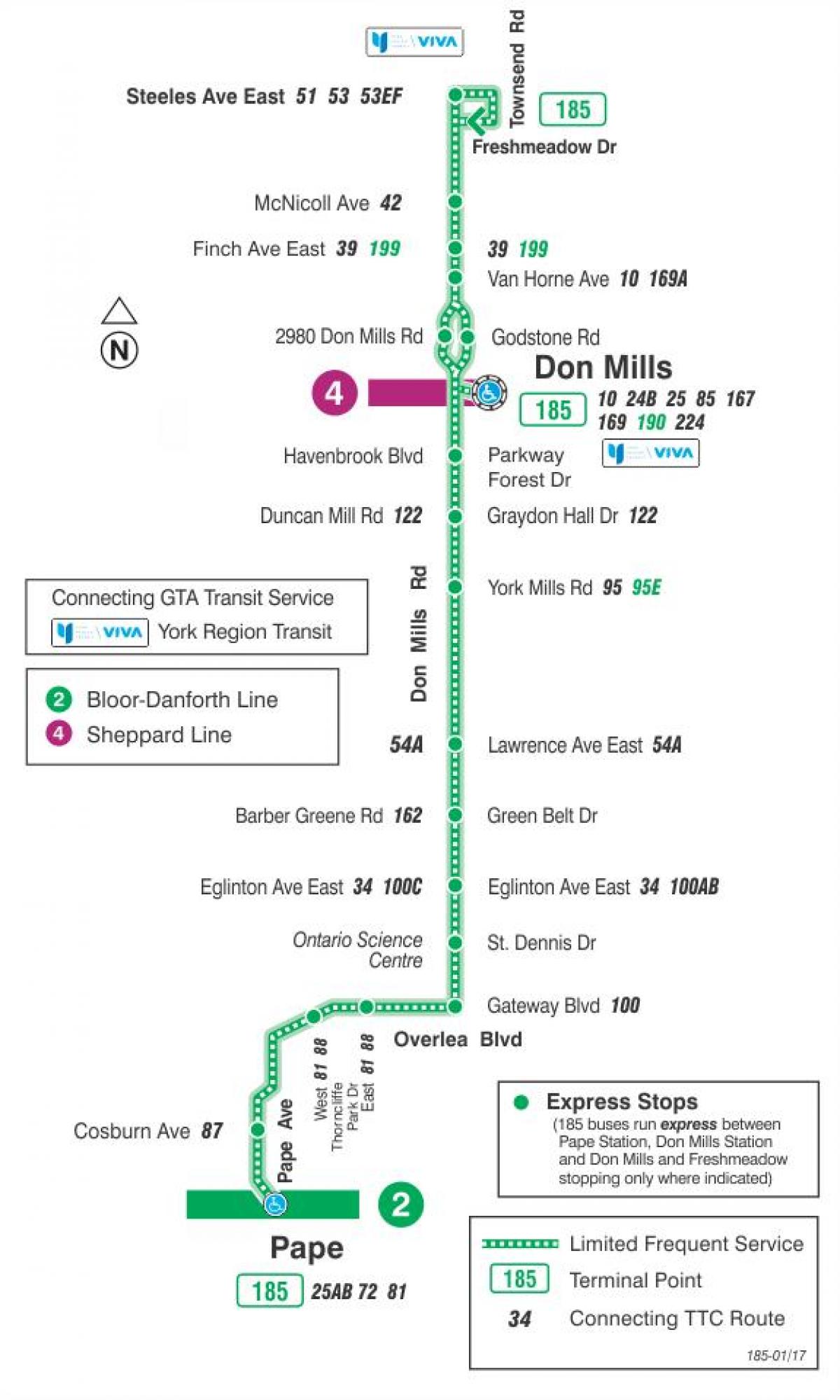 Χάρτης της TTC 185 Don Mills Πυραύλων δρομολόγιο Τορόντο