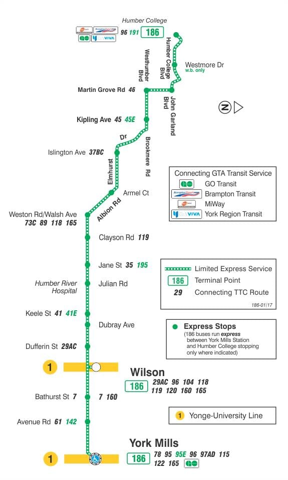 Χάρτης της TTC 186 Γουίλσον Πυραύλων δρομολόγιο Τορόντο