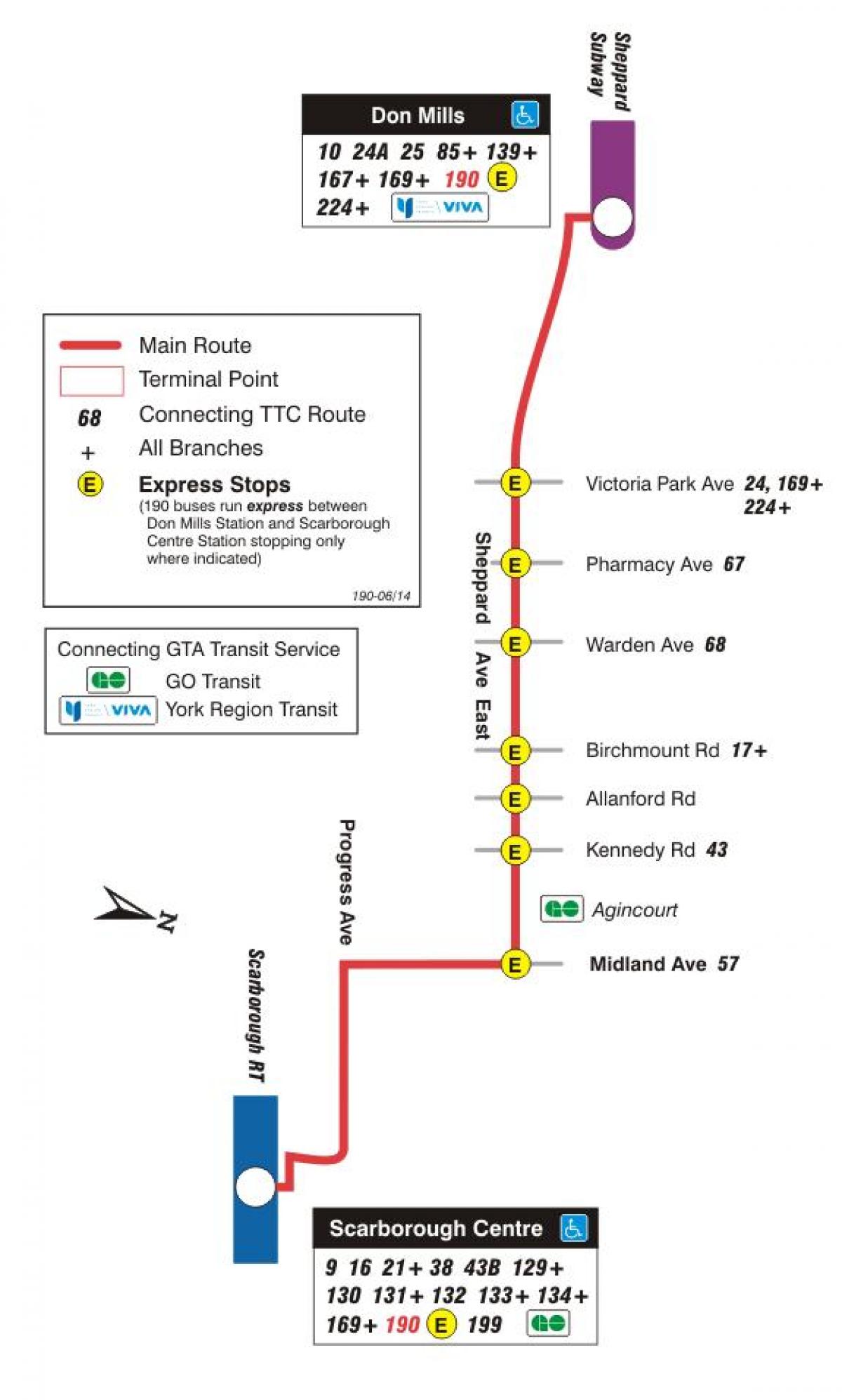 Χάρτης της TTC 190 Scarborough Centre Πυραύλων δρομολόγιο Τορόντο