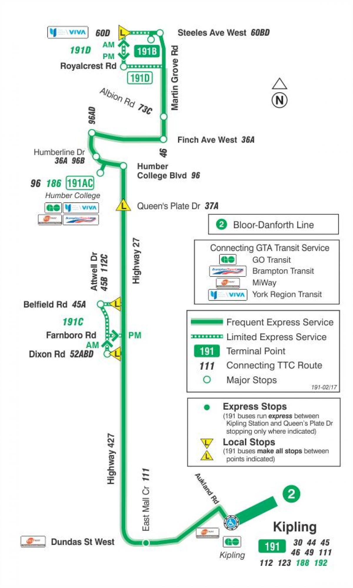 Χάρτης της TTC 191 Highway 27 Πυραύλων δρομολόγιο Τορόντο
