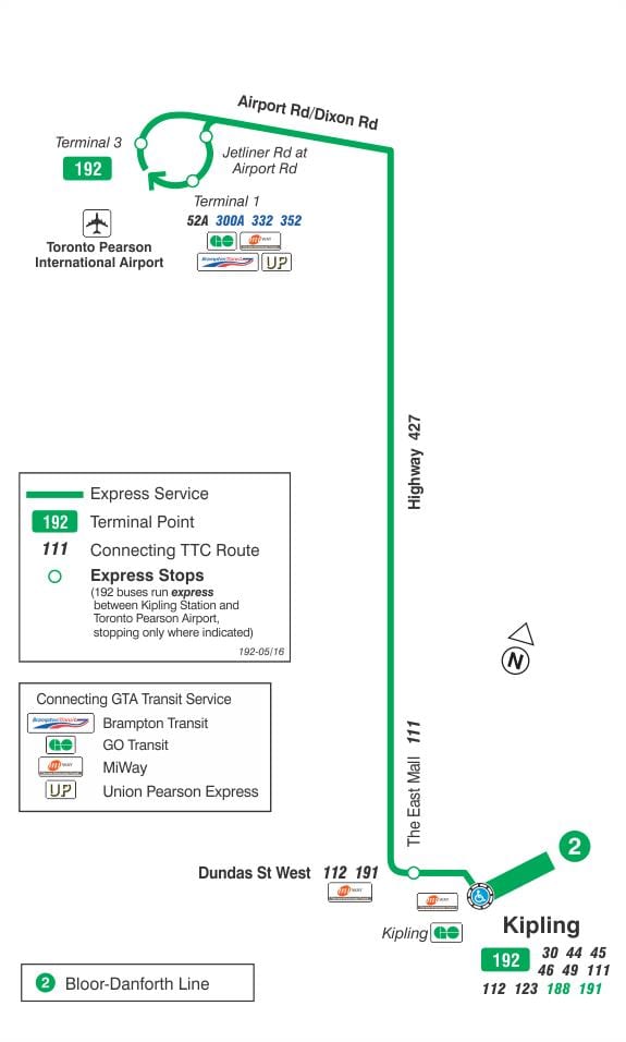 Χάρτης της TTC 192 Αεροδρόμιο Πυραύλων δρομολόγιο Τορόντο