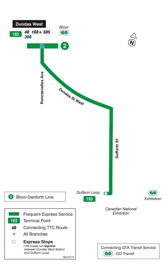 Χάρτης της TTC 193 Έκθεση Πυραύλων δρομολόγιο Τορόντο