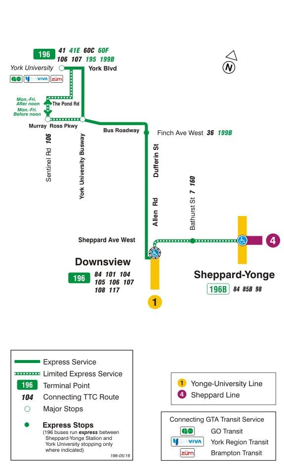 Χάρτης της TTC 196 York University Πυραύλων δρομολόγιο Τορόντο