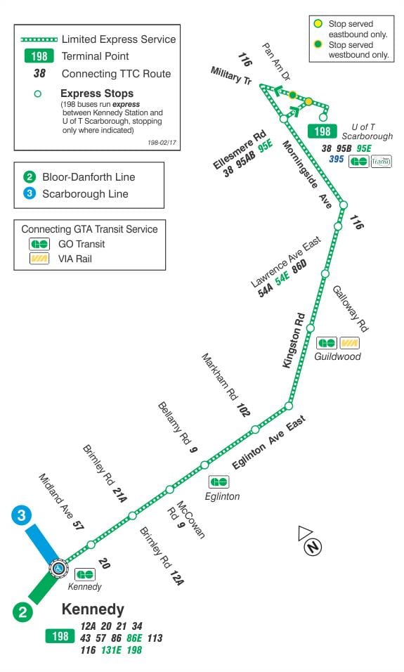 Χάρτης της TTC 198 U T Scarborough Πυραύλων δρομολόγιο Τορόντο