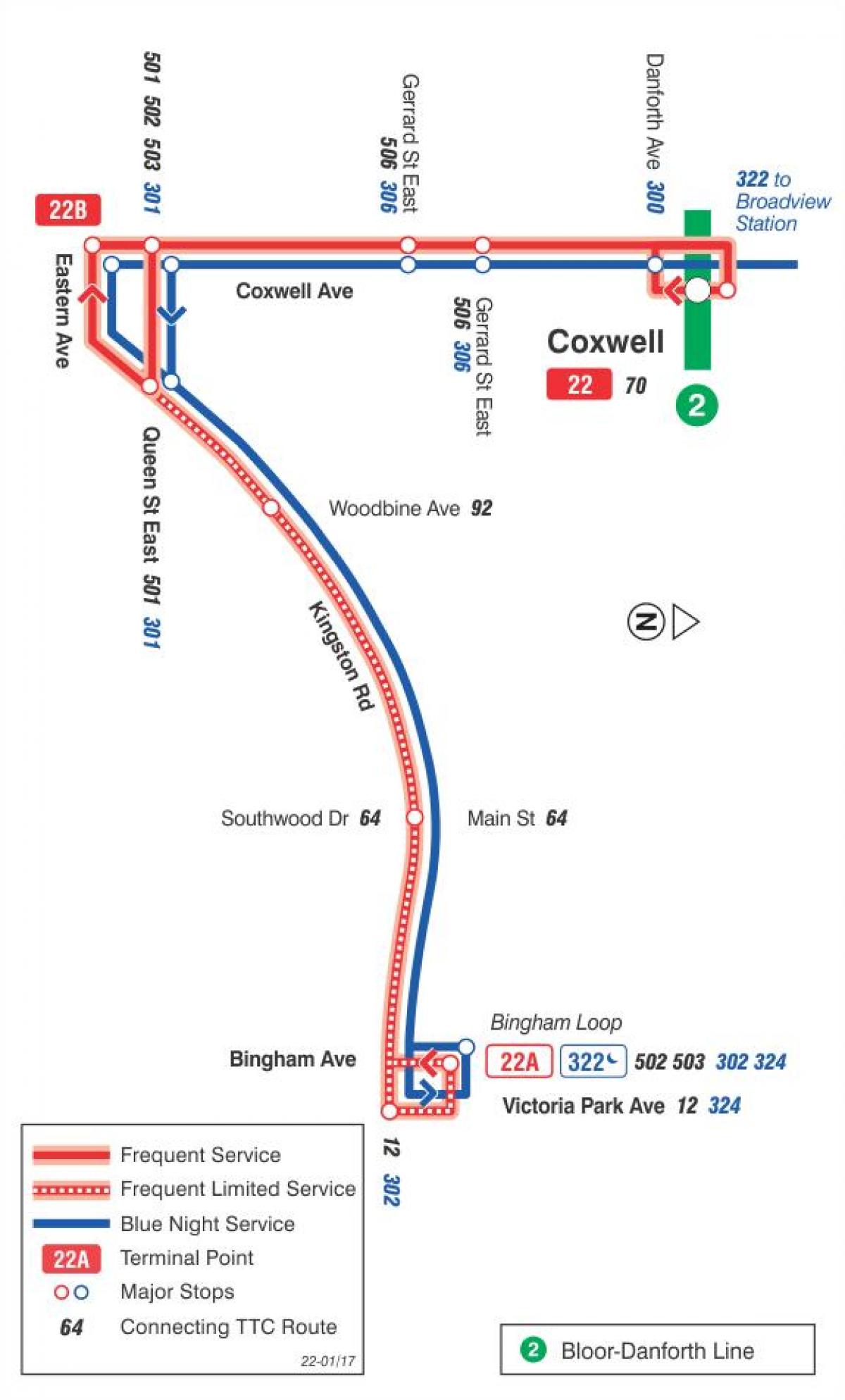 Χάρτης της TTC 22 Coxwell δρομολόγιο Τορόντο