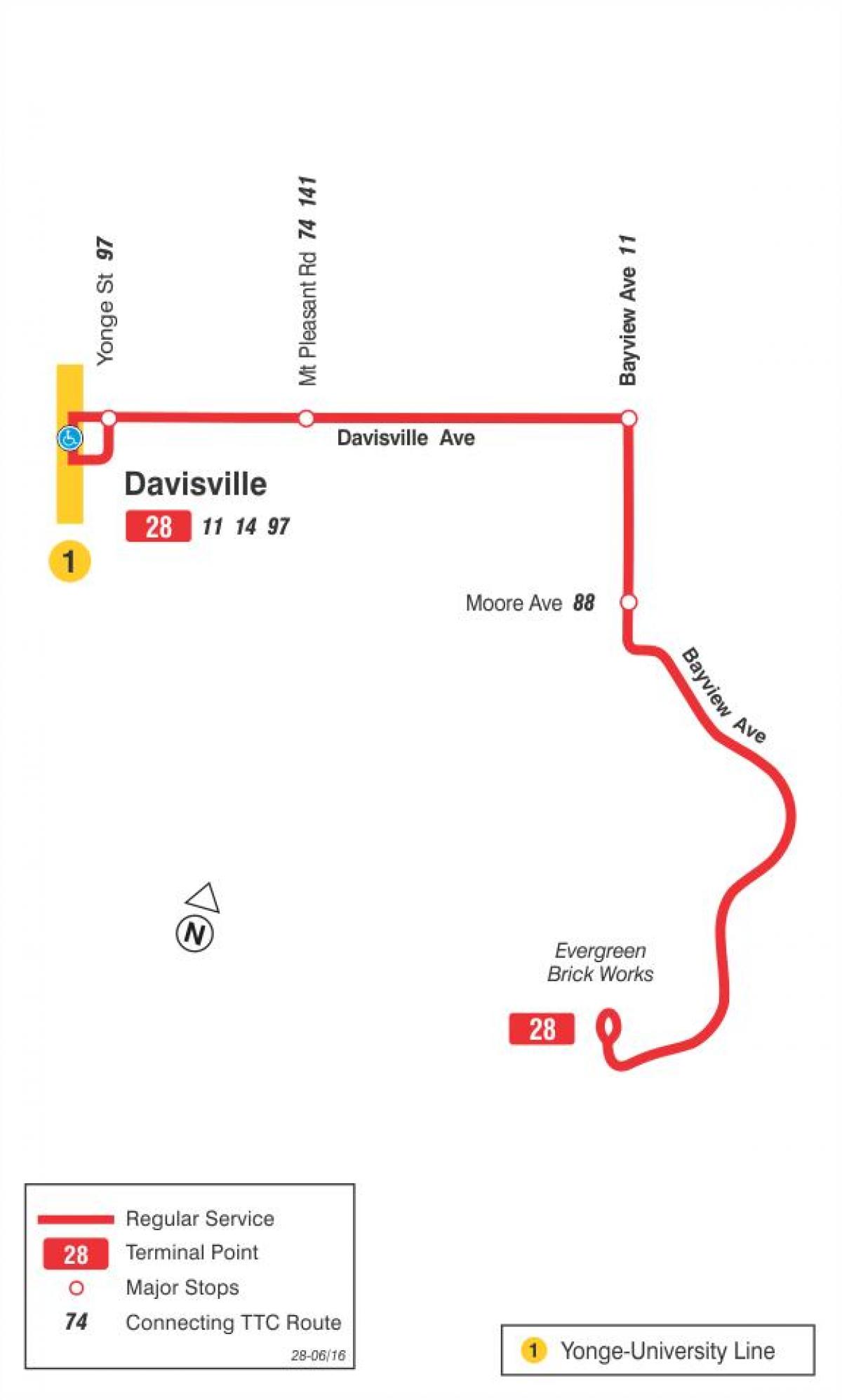 Χάρτης της TTC 28 Bayview Νότια διαδρομή με λεωφορείο Τορόντο