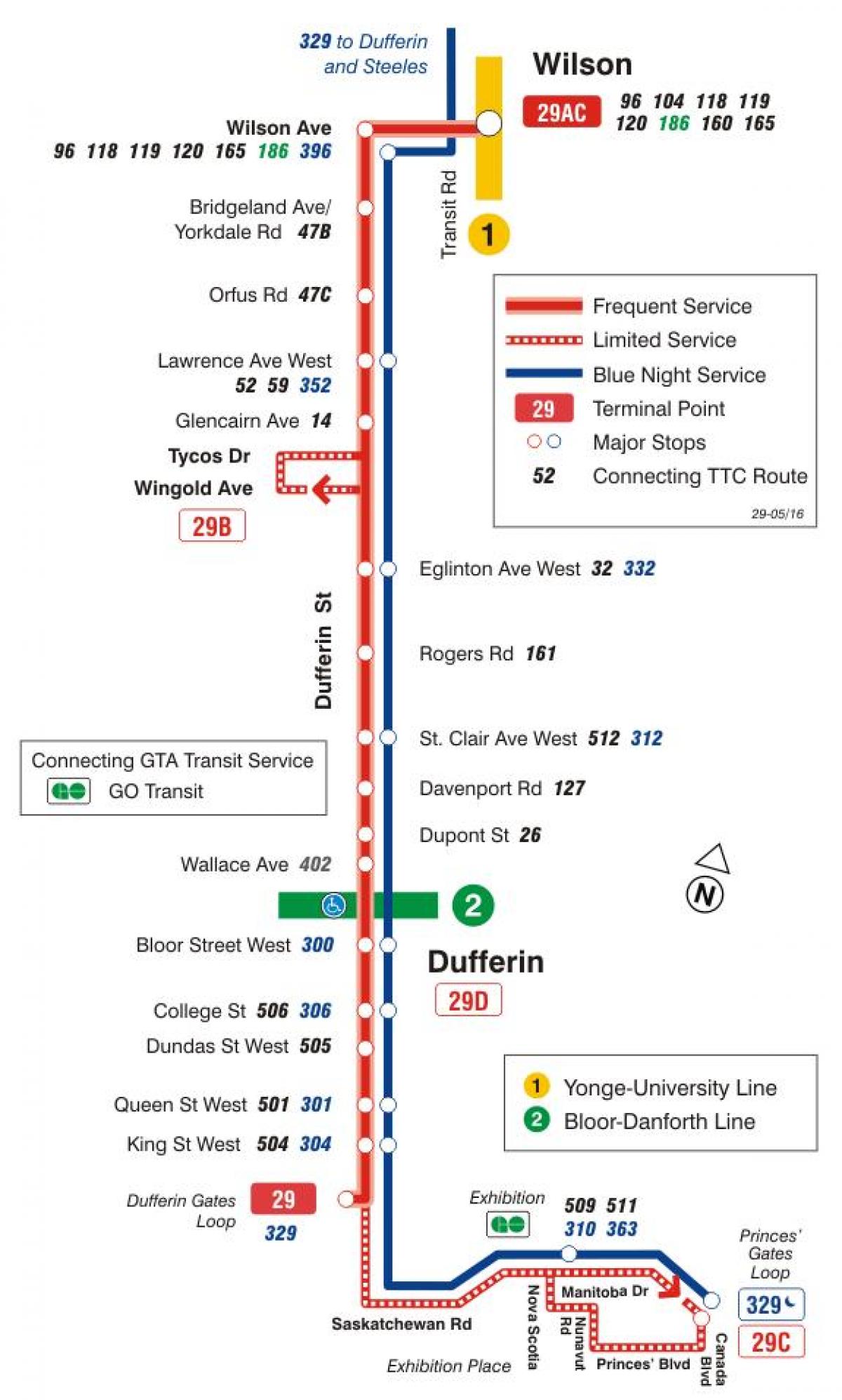 Χάρτης της TTC 29 Dufferin δρομολόγιο Τορόντο