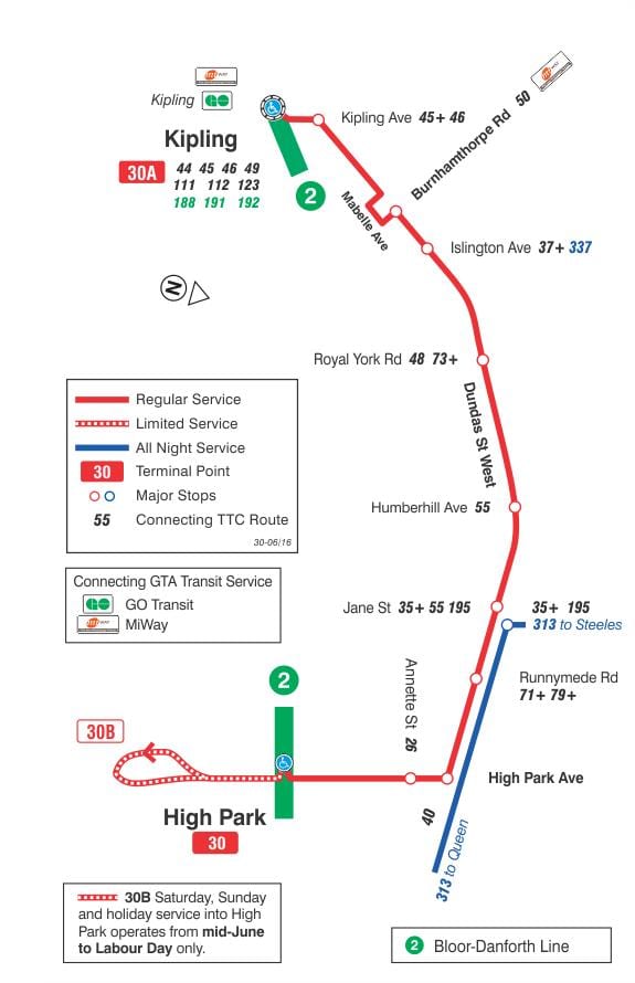 Χάρτης της TTC 30 Λάμπτον δρομολόγιο Τορόντο
