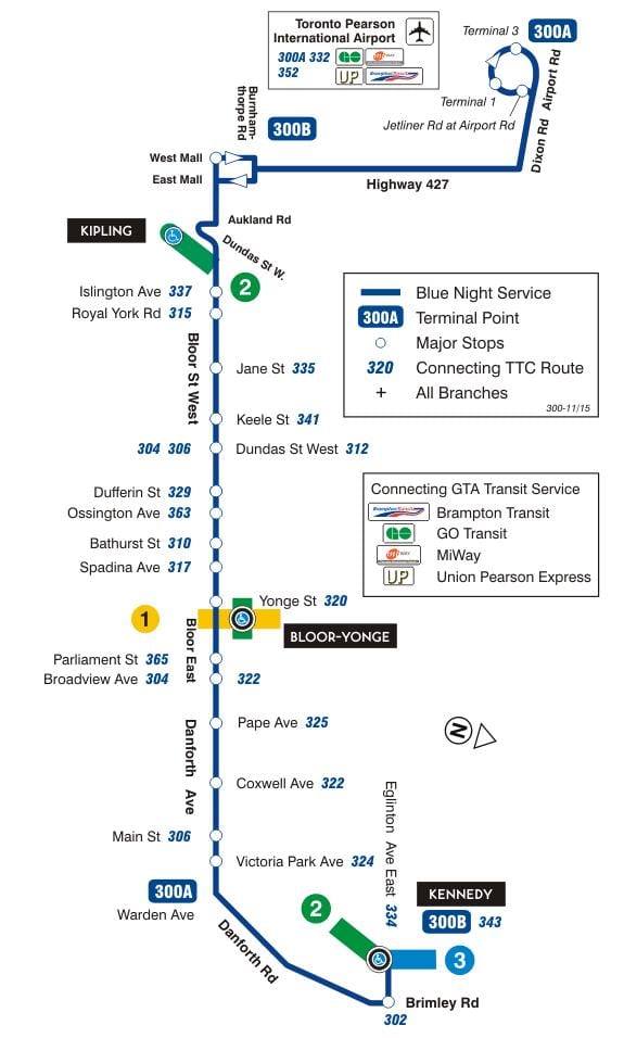 Χάρτης της TTC 300A Bloor-Danforth δρομολόγιο Τορόντο