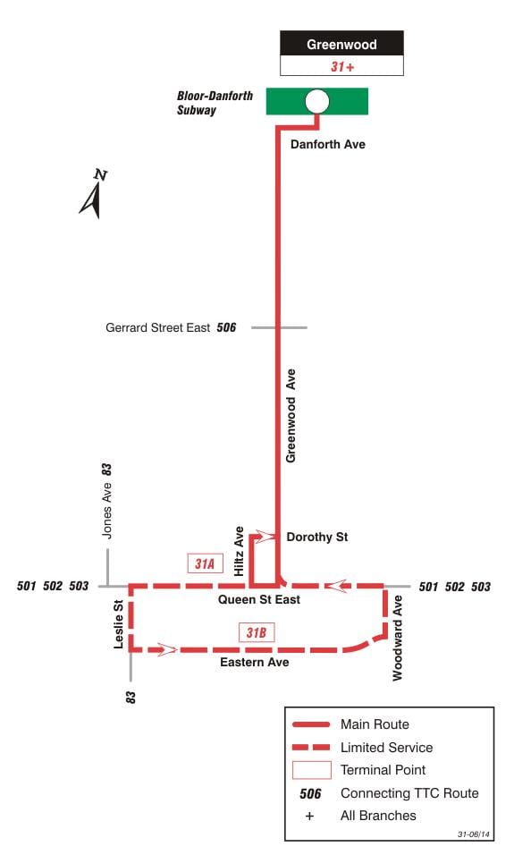 Χάρτης της TTC 31 Greenwood δρομολόγιο Τορόντο