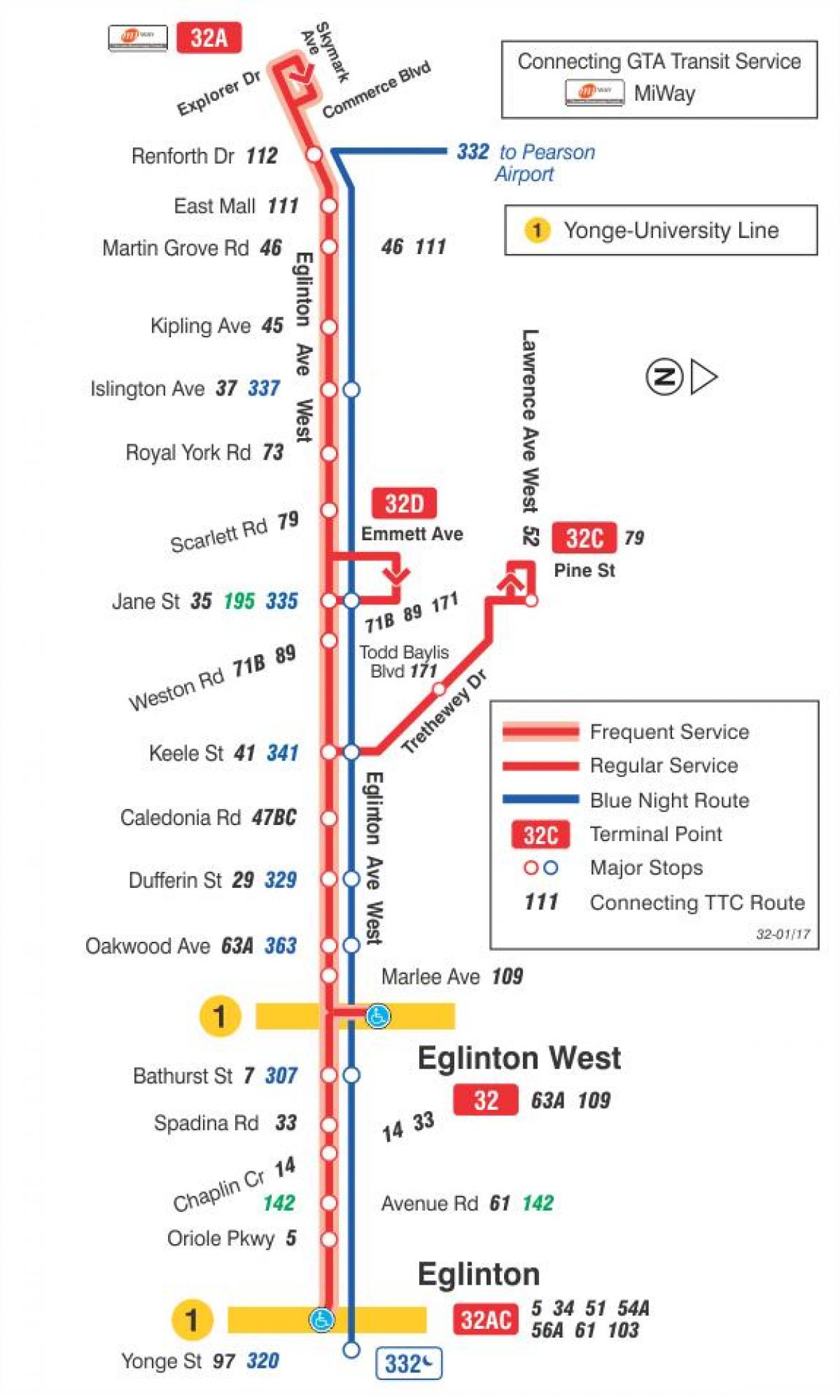 Χάρτης της TTC 32 Eglinton West δρομολόγιο Τορόντο