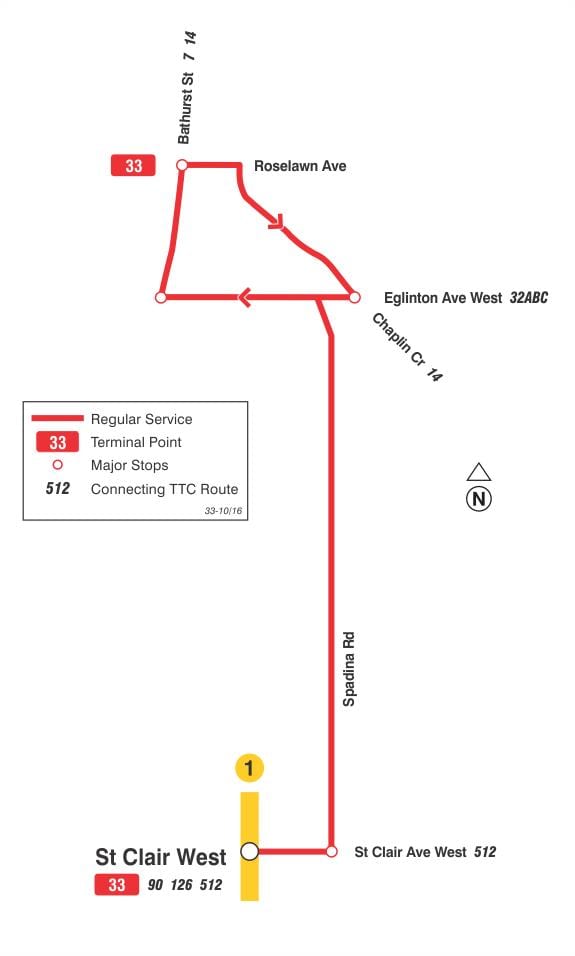 Χάρτης της TTC 33 Forest Hill δρομολόγιο Τορόντο