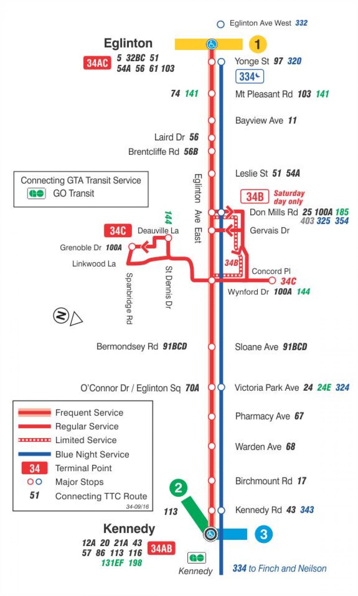 Χάρτης της TTC 34 Eglinton Ανατολική διαδρομή του λεωφορείου Τορόντο