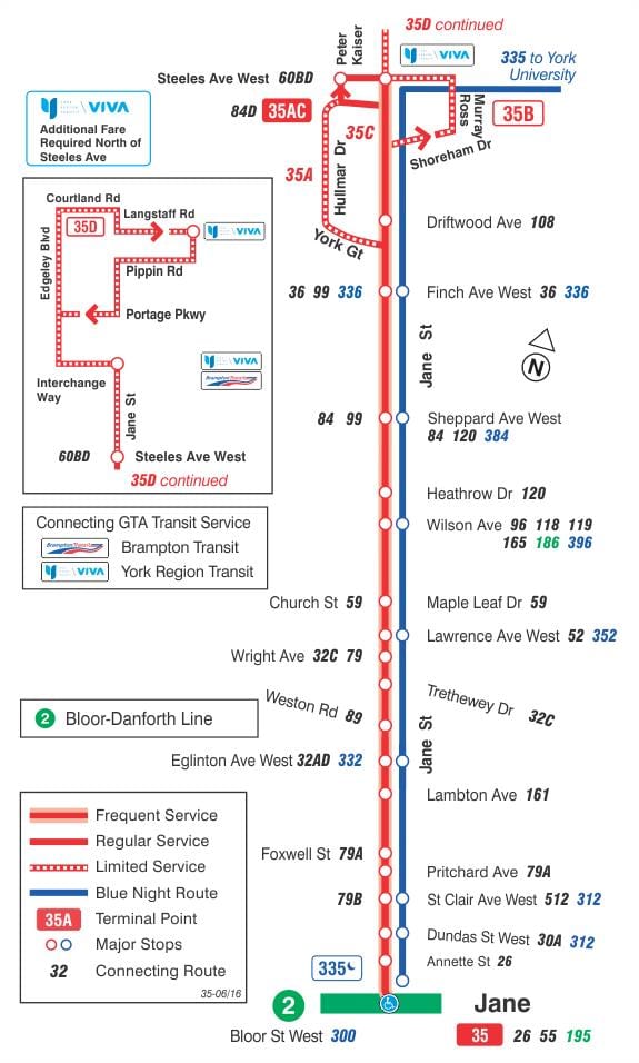 Χάρτης της TTC 35 Τζέιν δρομολόγιο Τορόντο
