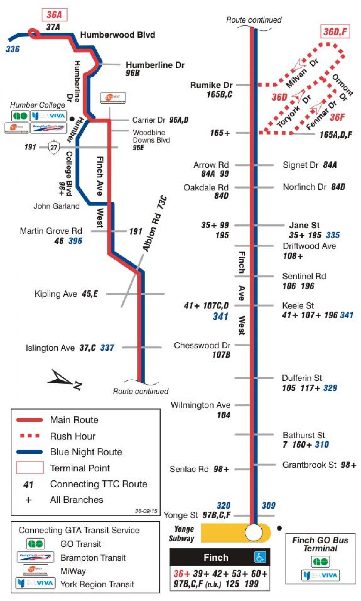 Χάρτης της TTC 36 Φιντς Δυτική διαδρομή του λεωφορείου Τορόντο