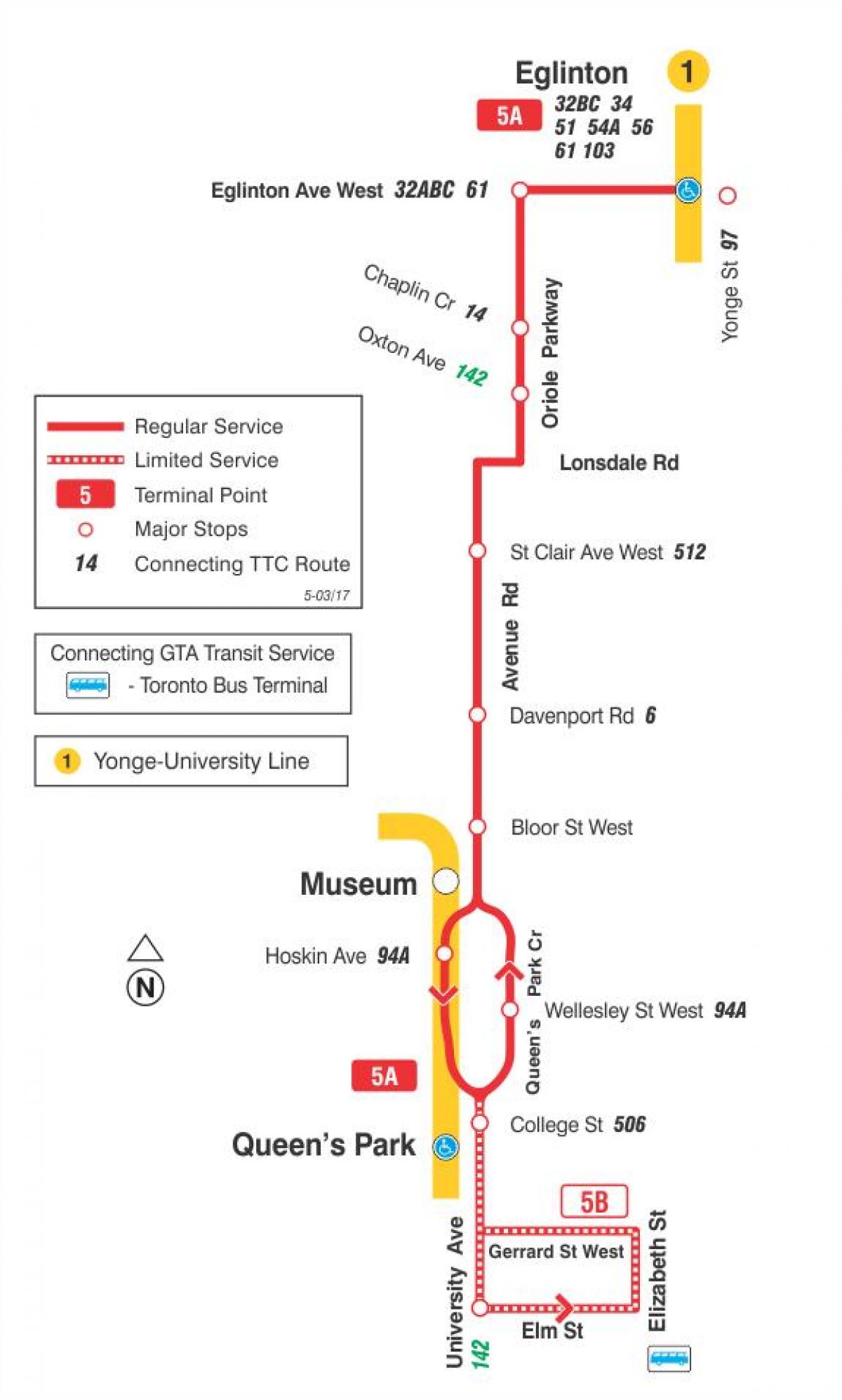 Χάρτης της TTC 5 Avenue Rd δρομολόγιο Τορόντο