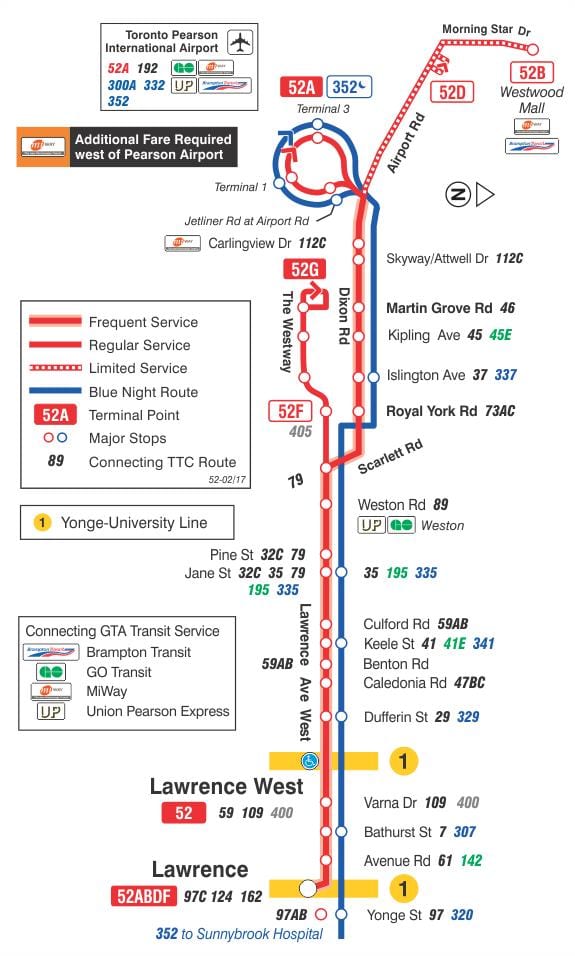 Χάρτης της TTC 52 Lawrence West δρομολόγιο Τορόντο