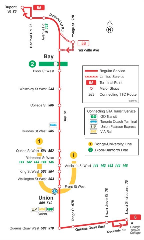 Χάρτης της TTC 6 Bay δρομολόγιο Τορόντο