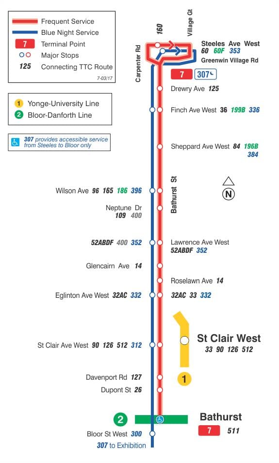 Χάρτης της TTC 7 Bathurst δρομολόγιο Τορόντο