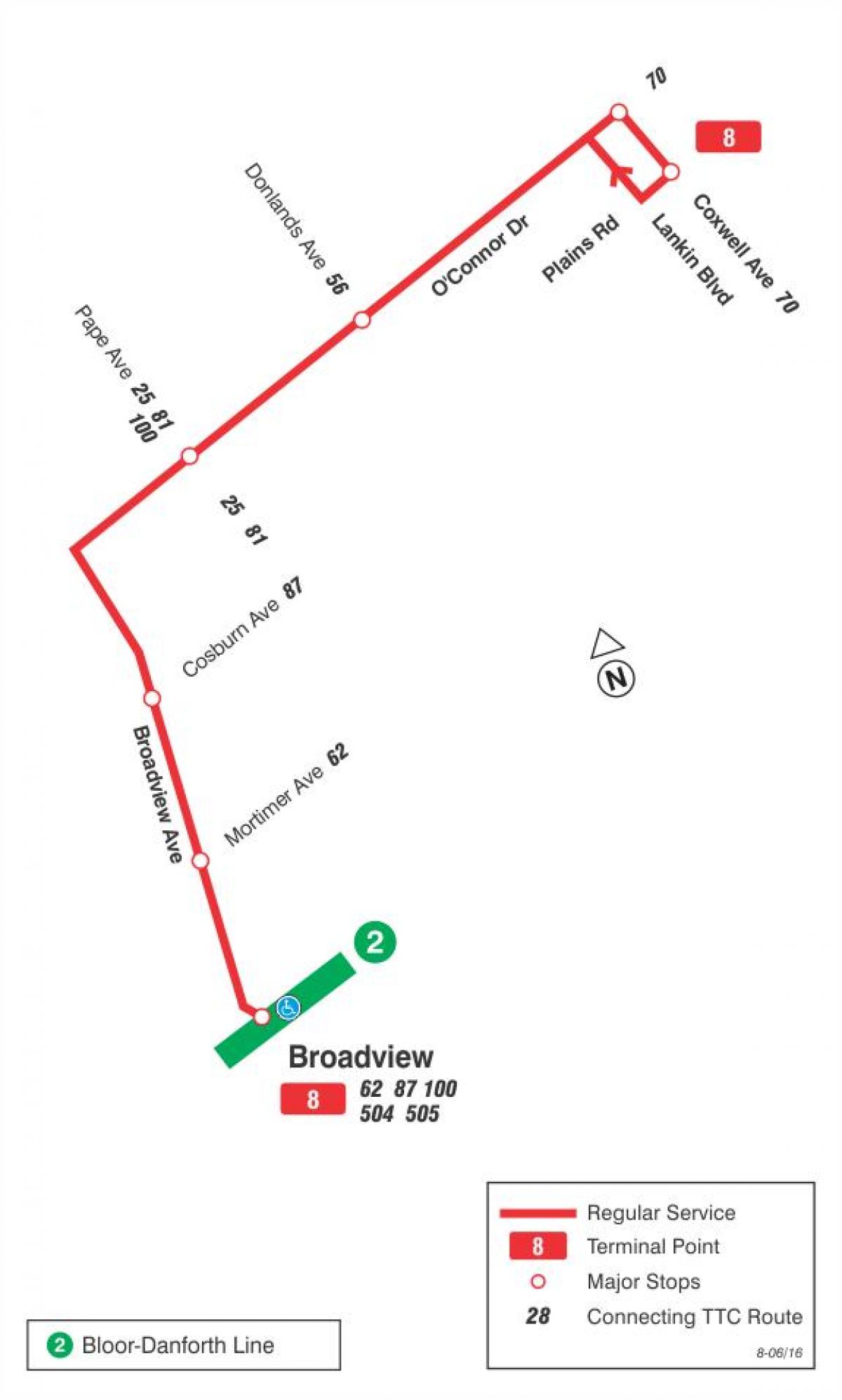 Χάρτης της TTC 8 Broadview δρομολόγιο Τορόντο