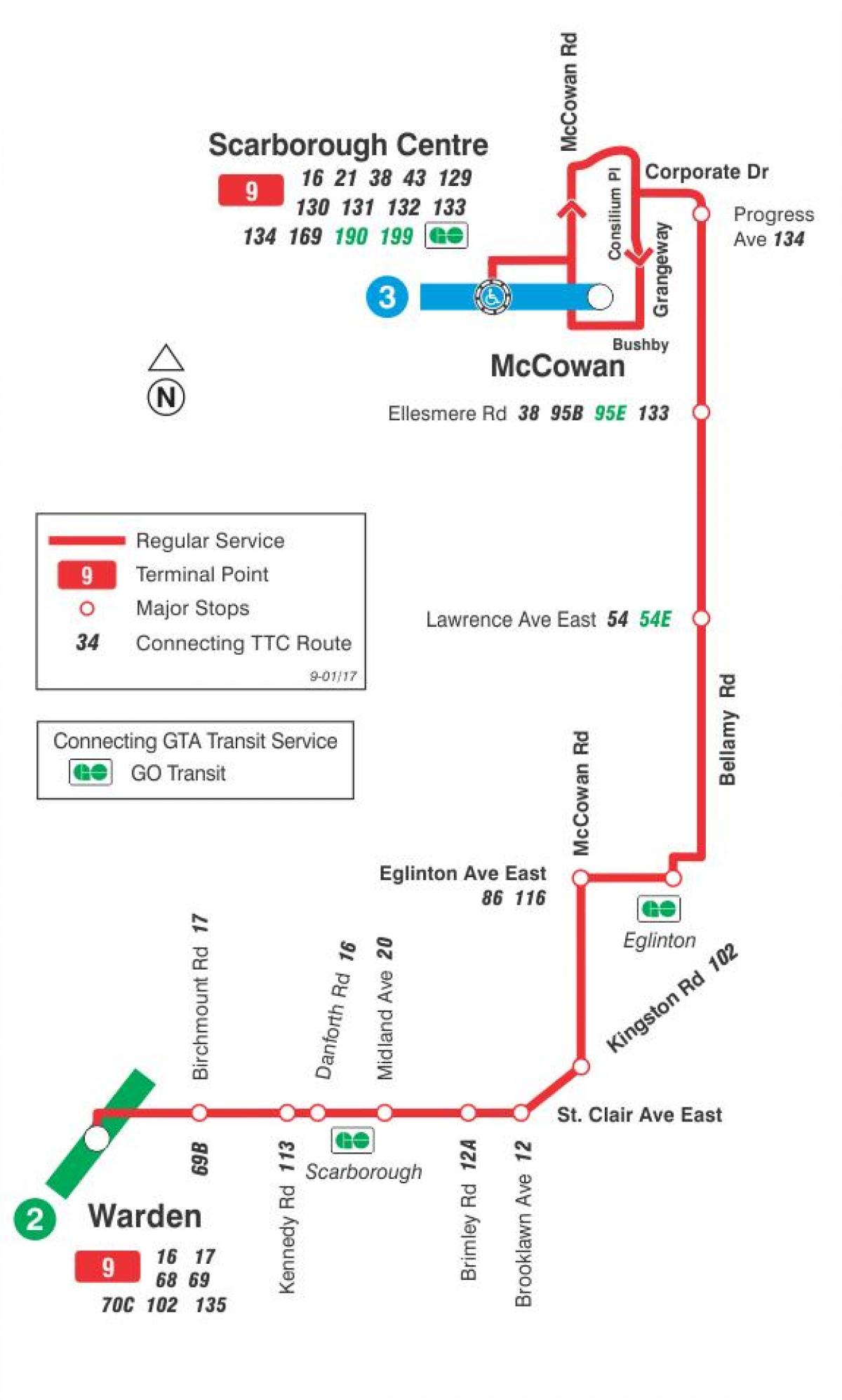 Χάρτης της TTC 9 Bellamy δρομολόγιο Τορόντο