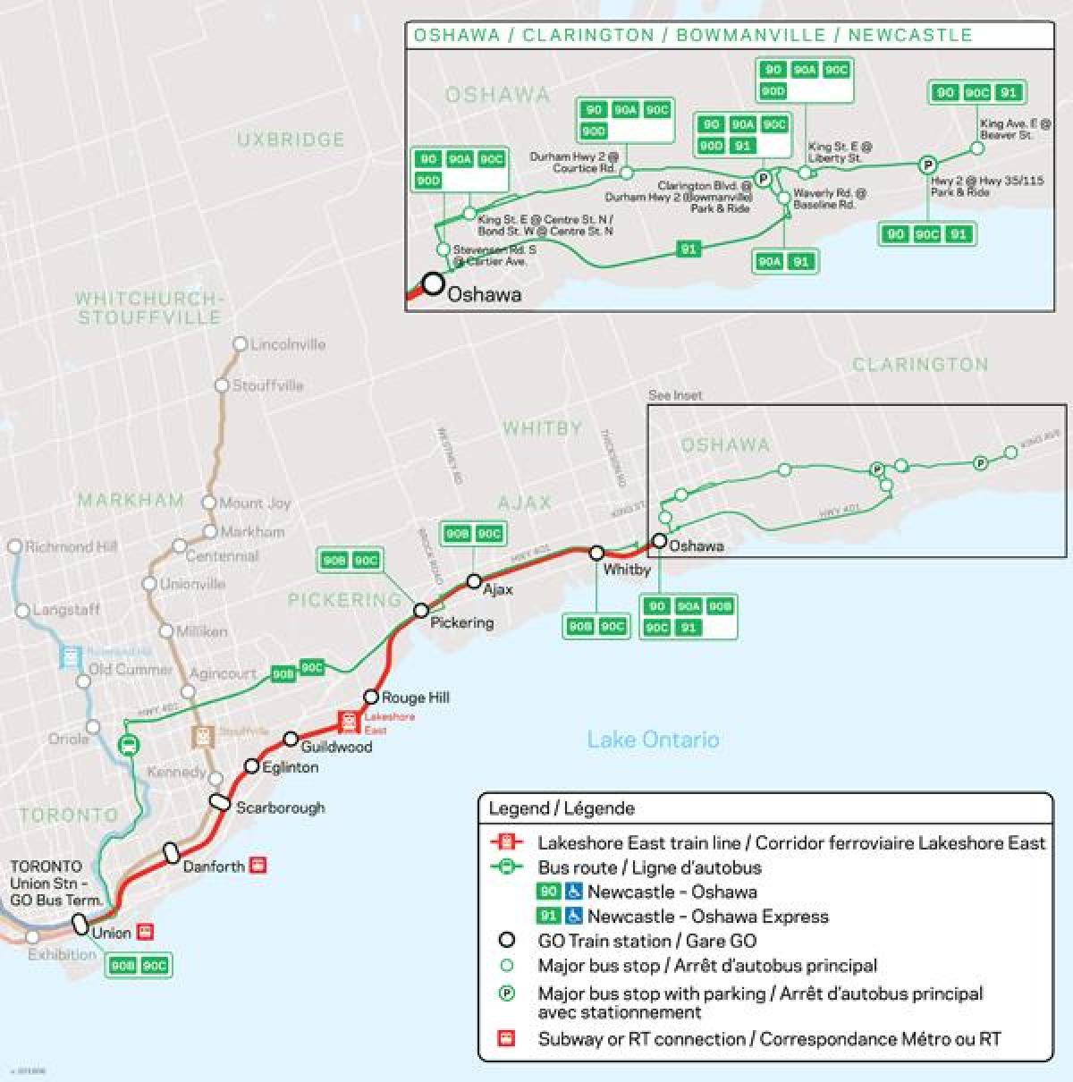 Χάρτης της γραμμής Lakeshore Ανατολικά Go Transit