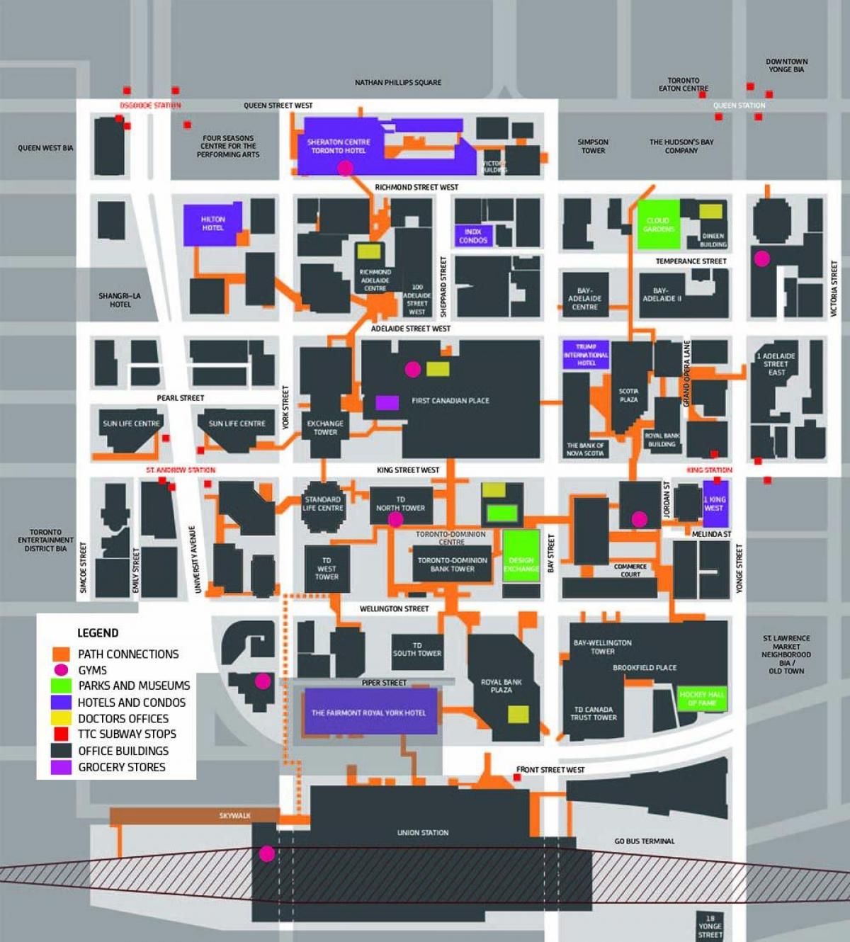 Χάρτης της Διαδρομής του Τορόντο στο Κέντρο της πόλης για τους Πεζούς Διάβαση πεζών