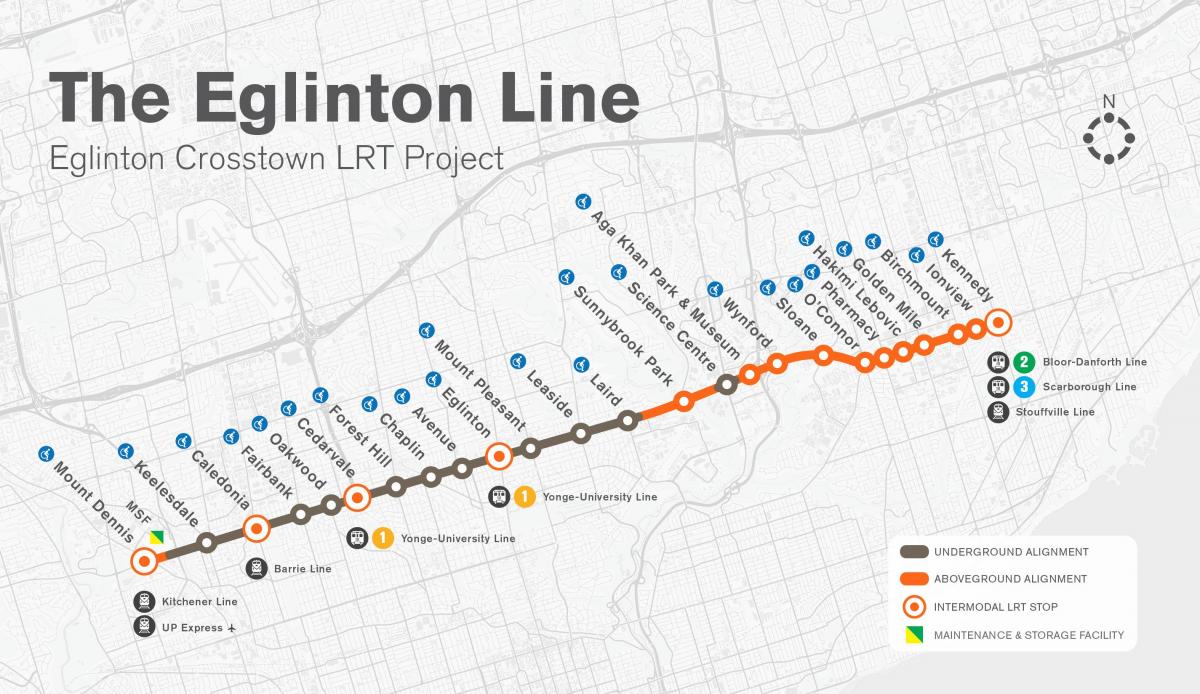 Χάρτης του Τορόντο μετρό Eglinton πρόγραμμα γραμμών
