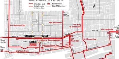 Χάρτης της Προκυμαίας Ανατολικά enhanced network του Τορόντο