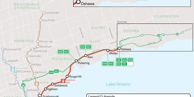 Χάρτης της γραμμής Lakeshore Ανατολικά Go Transit