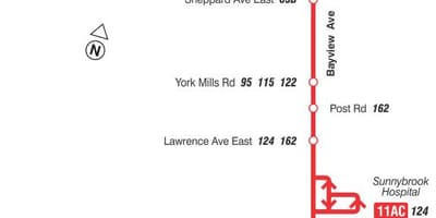 Χάρτης της TTC 11 Bayview δρομολόγιο Τορόντο