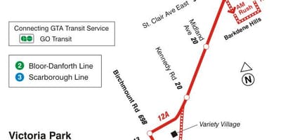 Χάρτης της TTC 12 Kingston Rd δρομολόγιο Τορόντο