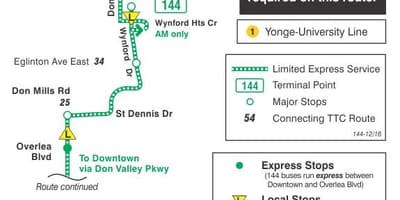 Χάρτης της TTC 144 Downtown / Don Valley Express δρομολόγιο Τορόντο