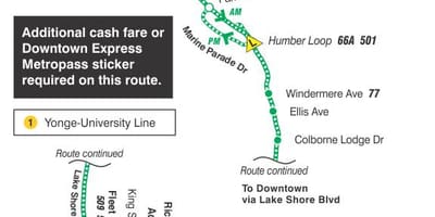 Χάρτης της TTC 145 Downtown / Humber Bay Express δρομολόγιο Τορόντο