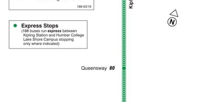 Χάρτης της TTC 188 Κίπλινγκ Νότια Πυραύλων δρομολόγιο Τορόντο